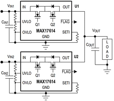 Applikations-Schaltungsdiagramm - Analog Devices / Maxim Integrated MAX17614 Ideal-Dioden-/Stromquellenauswahl